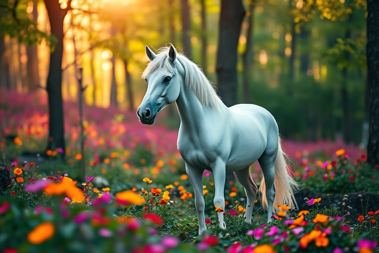 A majestic white unicorn standing in a vibrant forest with colorful flowers, soft morning light filtering through the trees, shot with a DSLR camera at 50mm, f/1.8 aperture, ISO 200, and a shallow depth of field for a dreamy background blur.