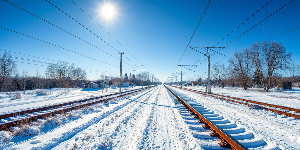a winter railway scene with snow-covered tracks, clear blue sky, high dynamic range, shot with a DSLR camera at f/8, ISO 100, 1/250 sec, wide-angle view, focus on the tracks and landscape details