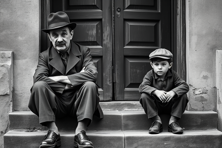 A black-and-white photograph of a man and a child sitting on steps in front of a doorway. The man is dressed as a tramp with a bowler hat, mustache, and ragged clothes, reminiscent of Charlie Chaplin's iconic look. He is sitting with his arms crossed and an expression of slight sadness or frustration. Next to him is a young boy, also in worn clothes and a cap, sitting with his hands clasped, looking thoughtful. The background is an old, textured wall and a partially open door, creating a vintage, early 20th-century atmosphere.