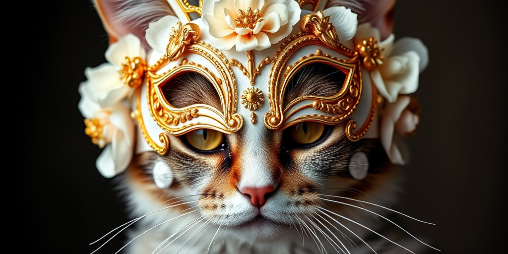 Create a highly detailed portrait of a cat wearing an elaborate white and gold mask adorned with flowers, using a DSLR camera with a 50mm lens, f/1.8 aperture, ISO 100, and soft studio lighting for enhanced contrast and texture, shot from a frontal view to emphasize the intricate details and vibrant colors.
