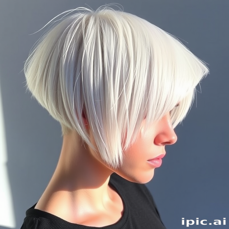 Icy platinum blonde hair cut into a sharp, architectural bob with geometric lines and angles comprises the avant-garde "Frost Prism" style, featuring holographic highlights that shift colors in the light, creating a futuristic and edgy look that pushes the boundaries of traditional hair design