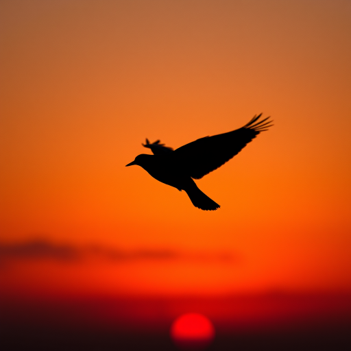 Generate a high-resolution image of a silhouette of a bird in flight against a sunset background, captured with a Canon EOS R5 at f/8, ISO 100, shutter speed 1/500 sec, using a wide-angle lens and a vibrant color palette to enhance details and contrast.