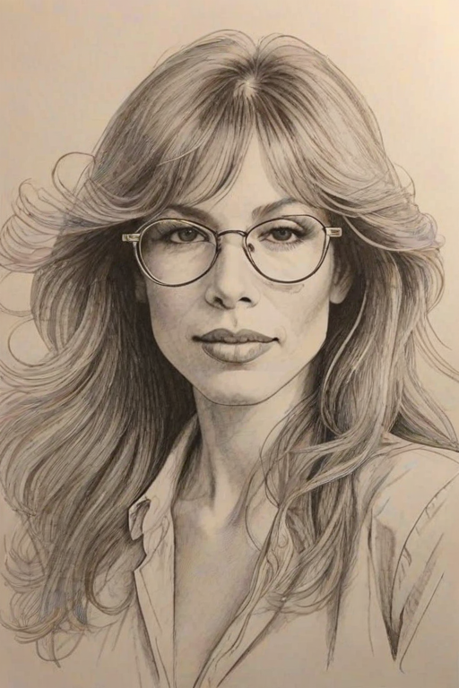 Stunning Carly Simon, pencil sketch, portrait of Beauteous woman 1980s in glasses, hair style beatnik, outline, clear lines, fine lines, 8k