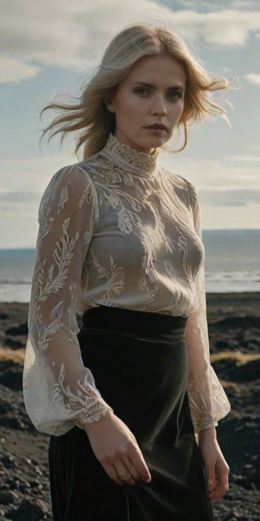 Light and shadow plays,film camera,extremely beautiful masterpiece contest winner Ultra Detailed Highres,rugged beauty of Iceland's landscapes is truly awe-inspiring,Portrait,dressed in a sheer blouse with a high-neck and bell sleeves paired with a velvet skirt,Platinum,Plant Hair,a vintage woman