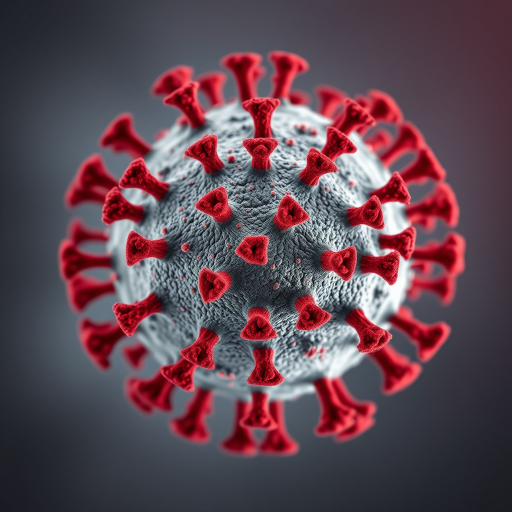 Create a high-resolution illustration of a virus structure with a gray body and red spikes, using a macro lens at f/2.8 aperture, ISO 100, and 1/125 sec shutter speed, captured in a studio setting with soft lighting.