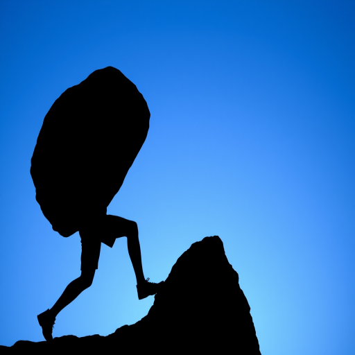 create a silhouette of a person pushing a large boulder up a hill against a gradient blue background with soft lighting, using a DSLR camera with a 50mm lens, aperture f/2.8, ISO 200, and a low-angle view to emphasize the struggle and determination