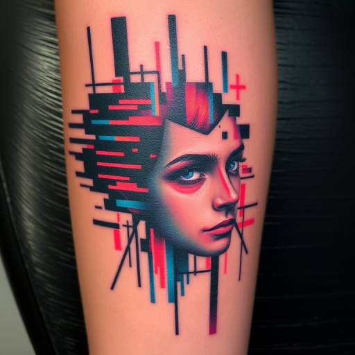 Glitch art tattoo named "Digital Distortion" incorporating pixelated elements and color shifts to create the illusion of a digital malfunction within an otherwise realistic image