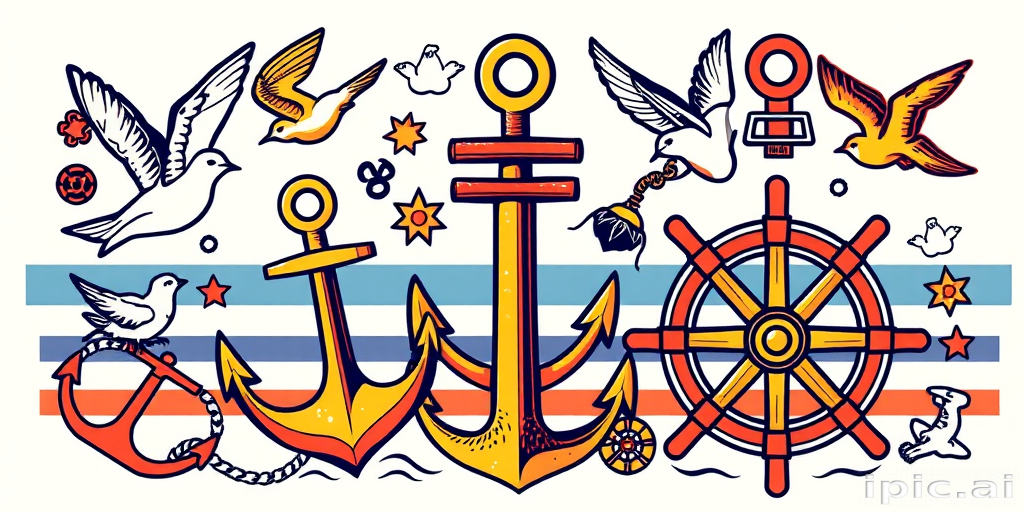Vintage sailor Jerry-inspired half sleeve featuring classic nautical elements like anchors, swallows, and ship wheels in bold primary colors with heavy black outlines