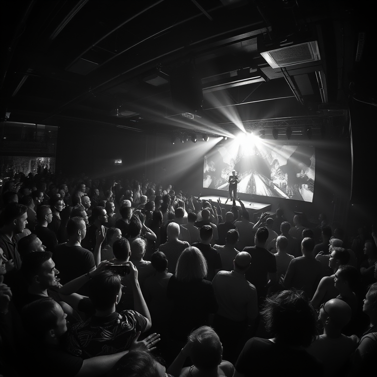 Create a high-contrast black and white image of a lively nightclub scene with a DJ on stage and a crowded dance floor, using a wide-angle lens at f/2.8, ISO 1600, shutter speed 1/60s, from a low-angle perspective to capture the energy of the crowd and stage lights.