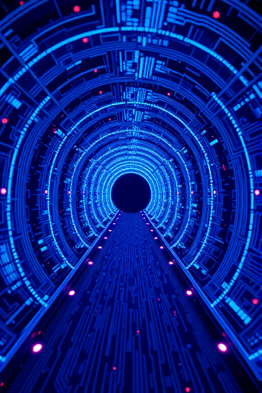 A high-resolution digital artwork of a blue glowing tunnel made of circuit patterns, photographed with a Canon EOS R5 using a 24-70mm f/2.8 lens at f/8, ISO 100, and a shutter speed of 1/60 seconds, with a wide-angle view and vibrant color enhancement.