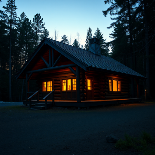 log cabin at twilight with warm light glowing from windows, ISO 100, f/2.8, 1/60 sec, taken with a DSLR camera from a frontal view, using a wide-angle lens for enhanced depth and detail.