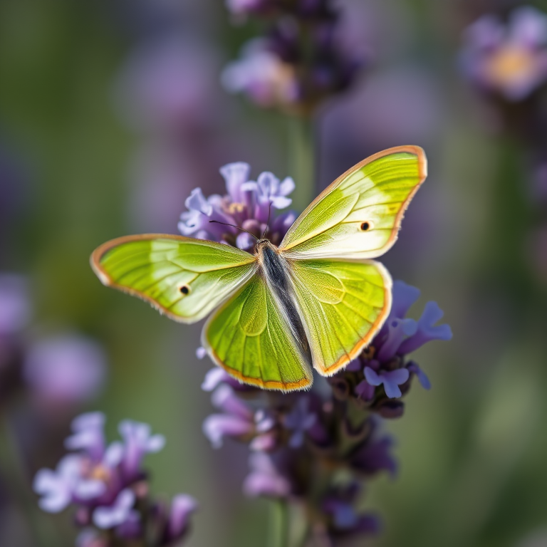 close-up of a green butterfly resting on purple lavender flowers, shallow depth of field, natural light, aperture f/2.8, shutter speed 1/500s, ISO 200, macro lens, DSLR camera