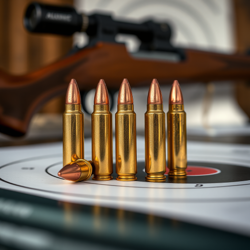 Close-up shot of five shiny bullets resting on a shooting target with a wooden rifle in the background, f/5.6, ISO 100, 1/60s, macro lens, 50mm, natural light.
