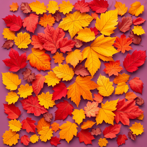 create a digital illustration of a grid of colorful autumn leaves in various shapes and sizes with a vibrant background, use a high-resolution setting of 300 DPI, take the shot from a top-down view, apply a macro lens style, and use a mirrorless camera type for enhanced image quality