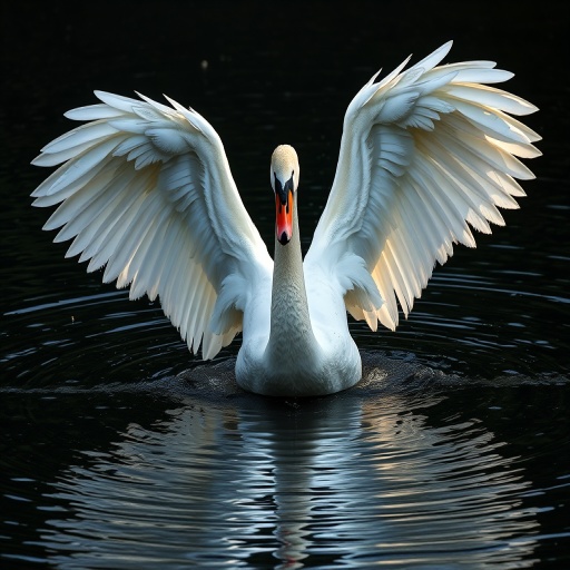 A majestic swan spreading its wings on a dark water background, captured with a Canon EOS 5D Mark IV, 85mm f/1.8 lens, aperture f/4, shutter speed 1/500 sec, ISO 200, natural light, focusing on the textures of the feathers and the ripples in the water.