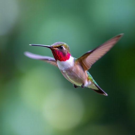 Capture a close-up image of a hummingbird in flight with a shallow depth of field, using a 200mm lens at f/2.8, ISO 400, shutter speed 1/2000s, natural light, and a blurred green background for enhanced contrast and detail.