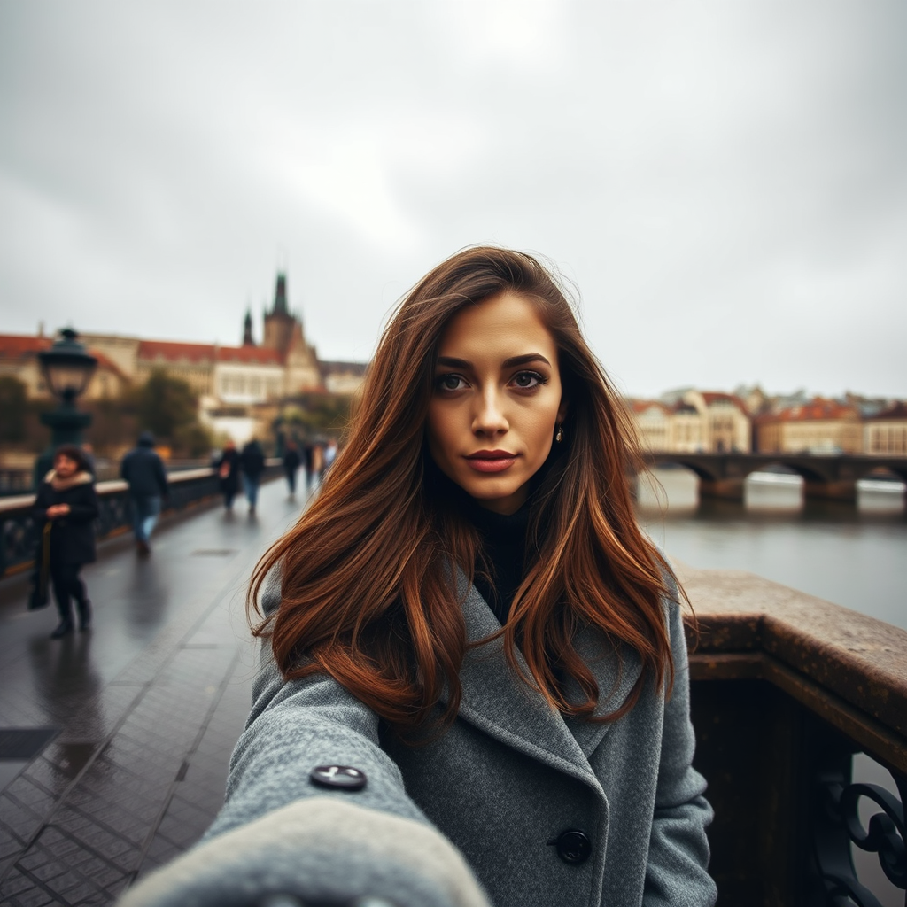 cinematic photo from above, waist up shot, sharp focus, a beautiful woman in foreground, in Prague, at the Charles Bridge, river in background, overcast rainy day, wearing long grey wool coat, warm rich color palette