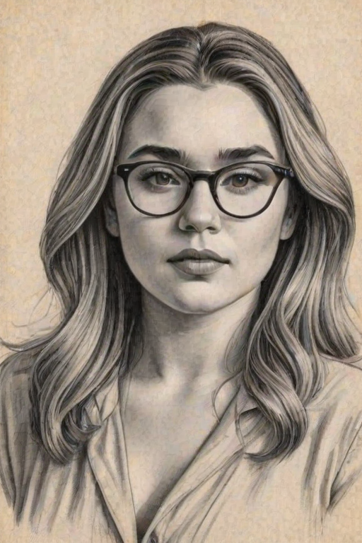 Splendid Florence Pugh, pencil sketch, portrait of Fetching woman 1947s in glasses, hair style beatnik, outline, clear lines, fine lines, 8k