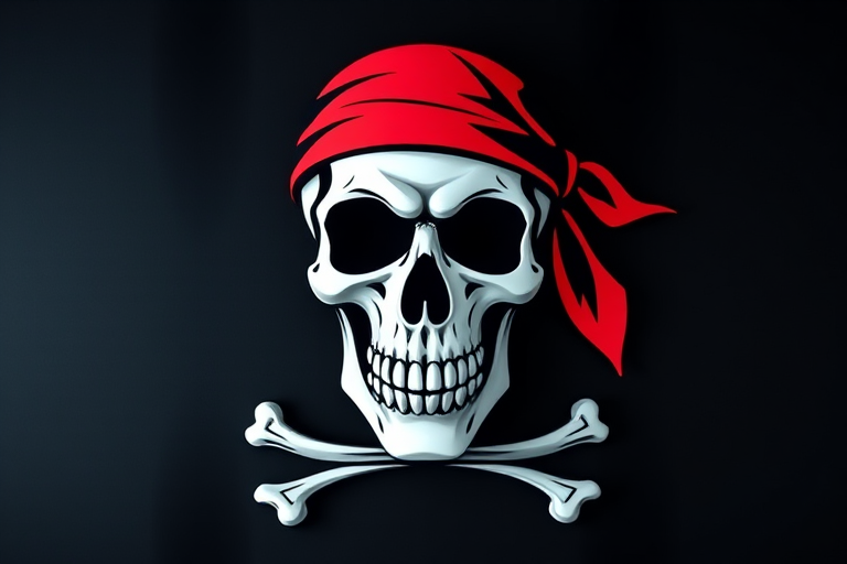 Generate a high-resolution vector image of a stylized pirate skull with a red bandana and crossbones, using a Canon EOS R5 with a 50mm f/1.8 lens, aperture set at f/4, ISO 100, and in a flat lay view with bright lighting to enhance color saturation and contrast.