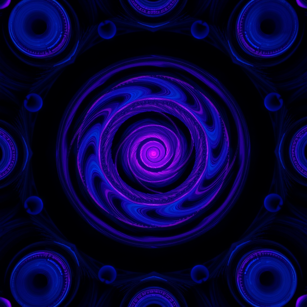 generate an abstract pattern of swirling colorful circles in shades of purple and blue on a dark background with high resolution, ISO 100, aperture f/8, 50mm lens, macro photography, top-down view