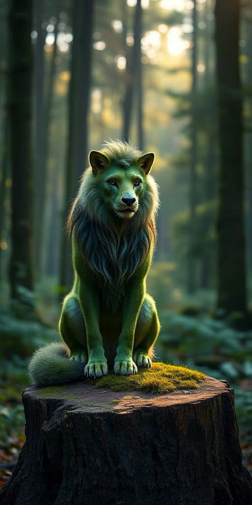 a mythical green creature with a lion-like mane and fox-like body sitting on a mossy stump in a lush forest, soft morning light filtering through the trees, aperture f/2.8, shutter speed 1/250s, ISO 100, 85mm lens, portrait orientation, high dynamic range photography