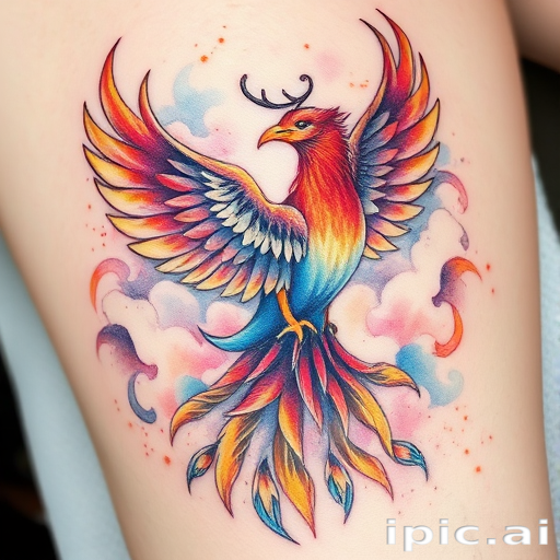 Vibrant watercolor tattoo depicting a majestic phoenix rising from ashes, feathers blending into swirling clouds, intricate details in soft pastels and bold oranges, ethereal and dreamlike quality