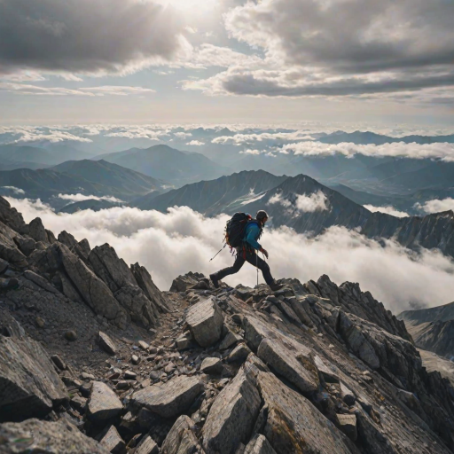Blurry action shot of a mountain climber reaching the summit, soft clouds surrounding them, with an expansive view of distant peaks and valleys in the background.
