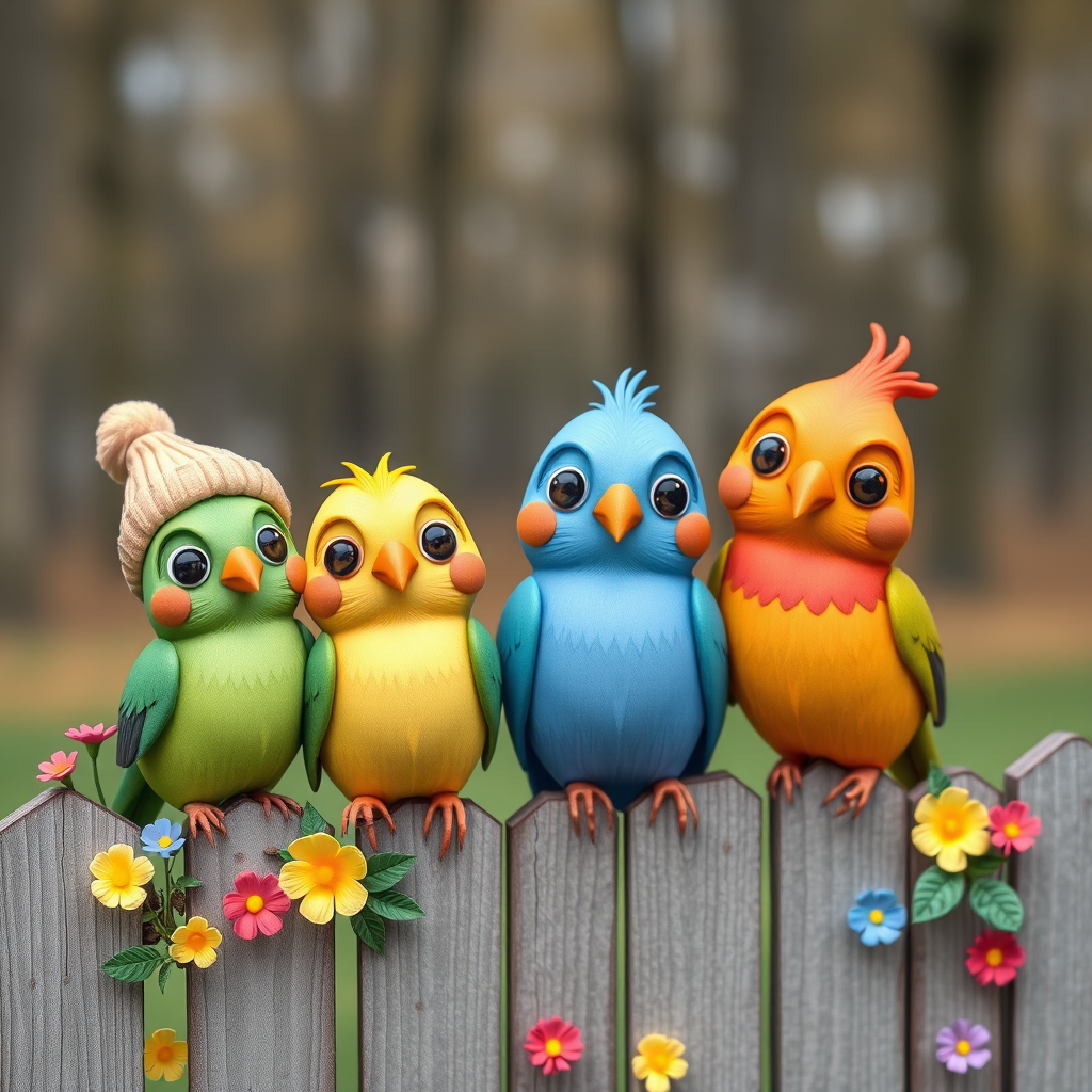 create a scene of 4 quirky  whimsical colourful comical birds each with a funny expression. they are sat on a wooden fence with colourful flowers. they are all different sizes. each one is a different colour  one is wearing a woolly hat. Each one has a different quirky google expression and there is a muted background of trees watercolour paintierly style high definition 8k resolution 3D paper mache