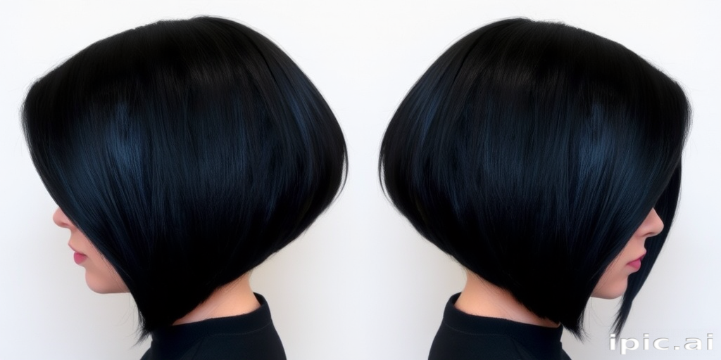 Sleek jet-black bob cut in the "Midnight Precision" style features a razor-sharp asymmetrical line, accented with electric blue underlights peeking through for added dimension