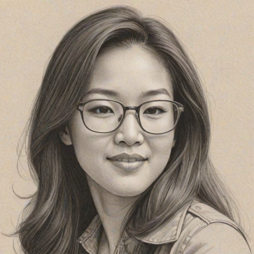 Lovely Michelle Kwan, pencil sketch, portrait of Elegant woman 1970s in glasses, hair style beatnik, outline, clear lines, fine lines, 8k