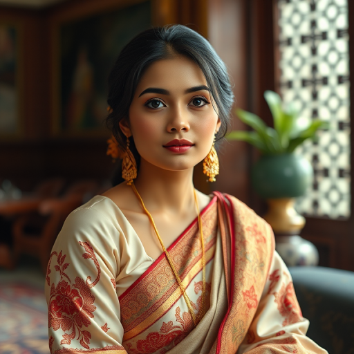 A beautiful Bangladeshi woman in traditional East Asian attire, intricately detailed with embroidered patterns, sitting gracefully in a richly decorated room, soft ambient lighting, serene and elegant, ultra-realistic, 8K resolution