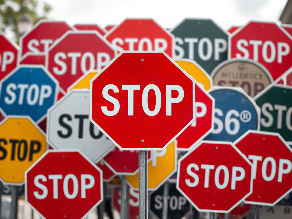 Create an image of multiple stop signs overlapping in a chaotic arrangement with a focus on color contrast and clarity, using a DSLR camera, f/4 aperture, 50mm lens, ISO 100, natural lighting, and a bird's-eye view perspective to enhance details and image quality.