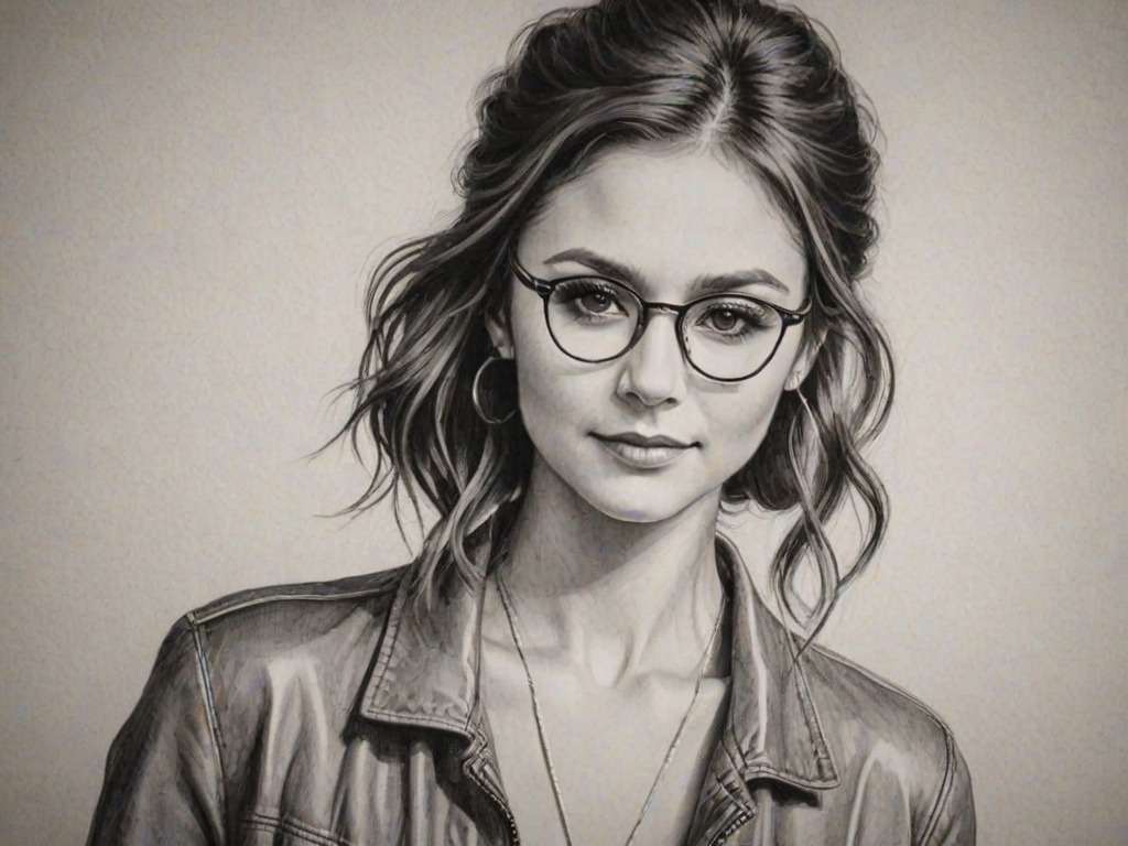 Captivating Nina Dobrev, pencil sketch, portrait of Elegant woman 1922s in glasses, hair style beatnik, outline, clear lines, fine lines, 8k