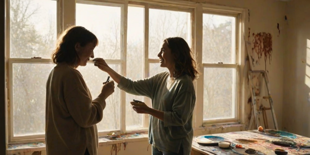 Warm, intimate image of a couple painting a room together, soft sunlight streaming through the window, splatters of paint on their clothes, and the smell of fresh paint and laughter filling the space.