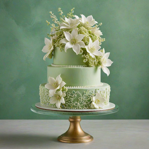 Create an elegant three-tiered cake decorated with intricate white flower designs. The top tier features a stunning bouquet of white flowers in a clear vase. The cake is set against a soft green background, enhancing its delicate features.