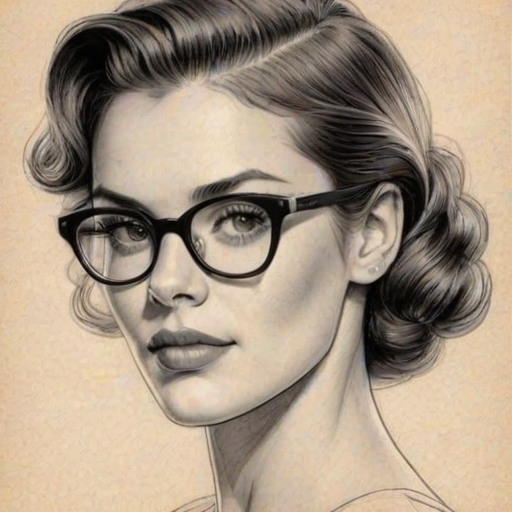 Captivating Anabelle Acosta, pencil sketch, portrait of Alluring woman 1939s in glasses, hair style beatnik, outline, clear lines, fine lines, 8k