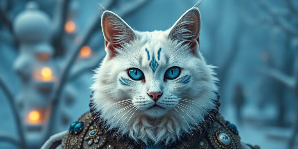 Create a vibrant fantasy portrait of a majestic white cat with blue accents, adorned in ornate attire, set against a mystical snowy landscape, captured with a Canon EOS R5, 50mm lens, f/1.8 aperture, ISO 100, soft focus, and vibrant color grading for enhanced detail and clarity.