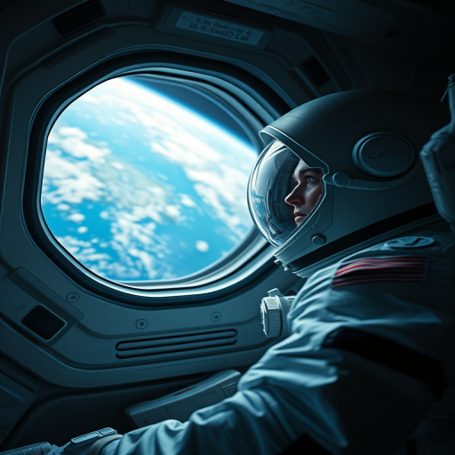 Create a hyper-realistic image of an astronaut gazing out of a spaceship window at Earth, using a Canon EOS R5 with a 50mm f/1.2 lens, aperture set to f/2.8, ISO 100, and a shutter speed of 1/200s, in a low-light environment to enhance details and contrast.