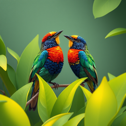 Regenerate a digital illustration of two colorful birds perched among lush green leaves, featuring a textured background, using a Canon EOS R5 with a 50mm lens, aperture f/1.8, ISO 100, and a shallow depth of field to enhance the vibrancy and detail.