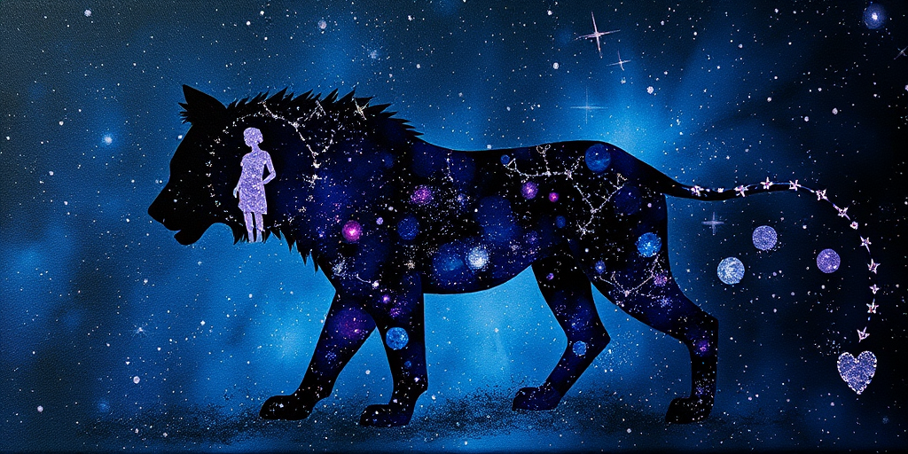 Captivating conceptual render alcohol ink art, double exposure, the paint strokes artfully merge combining a woman's full silhouette with a Loping coyote's silhouette. The figures are composed of a series of colored dots, lines & spots that evoke the image of a cosmic galaxy, colors are deep shades of blue purple & black with flashes of white & silver representing distant stars. The woman's silhouette is formed within the lion's silhouette from constellations of scattered stars, surreal