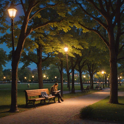 Quiet park at dusk, the soft glow of lamplights along the path, with a woman sitting on a bench, sketching in a notebook, surrounded by the peaceful evening air.