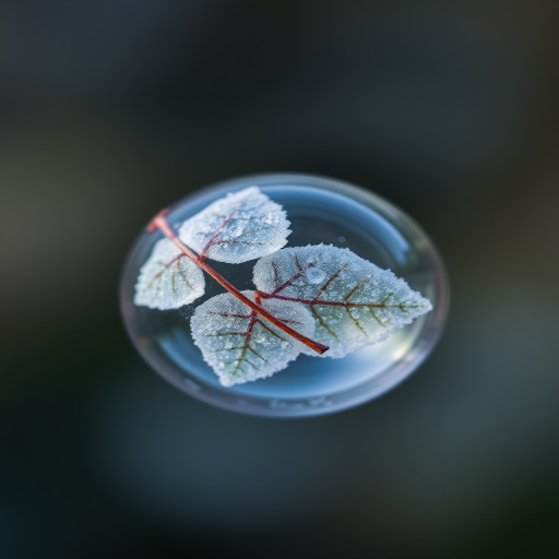 Close-up of a soap bubble containing frozen leaves, shallow depth of field, f/2.8, 50mm lens, ISO 100, natural light, macro photography.