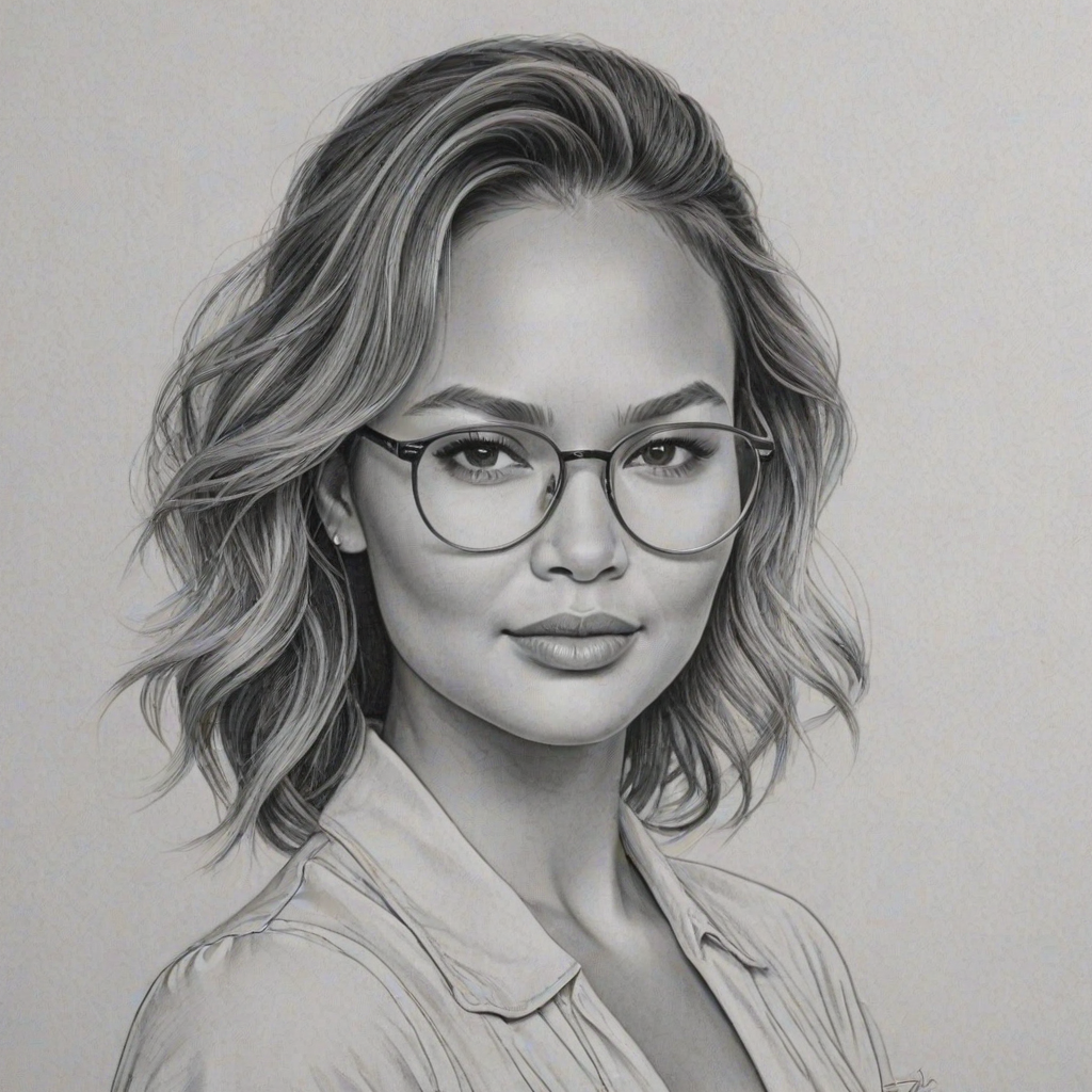 Fetching Chrissy Teigen, pencil sketch, portrait of Charming woman 1942s in glasses, hair style beatnik, outline, clear lines, fine lines, 8k