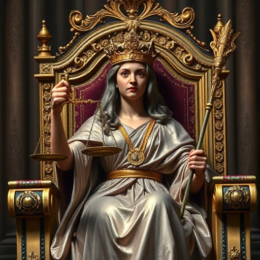 A regal figure holding scales and a scepter seated on a throne, captured with a Canon EOS 5D Mark IV, 50mm lens, f/1.8 aperture, ISO 100, natural lighting, high resolution, detailed texture and contrast.