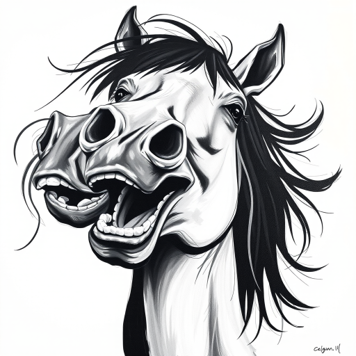 Abstract black and white acrylic portrait of an over exaggerated laughing (horse). Minimalism style. White background.