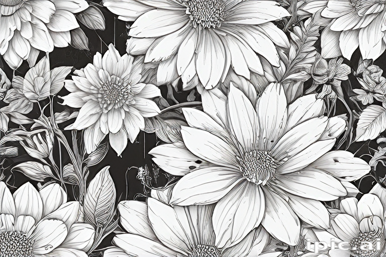 Intricate Black and White Floral Design Featuring Various Blooming Flowers