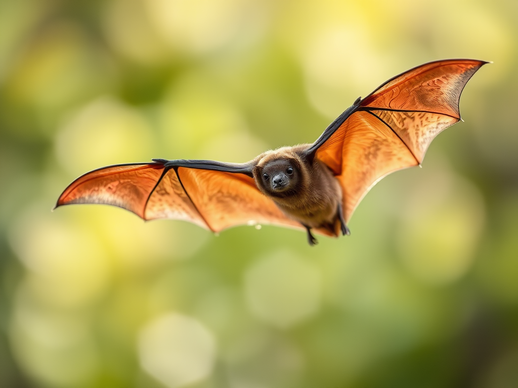 highly detailed illustration of a bat in flight, taken with a Canon EOS 5D Mark IV, 50mm lens, aperture f/8, ISO 100, soft focused background, natural lighting for enhanced clarity and depth