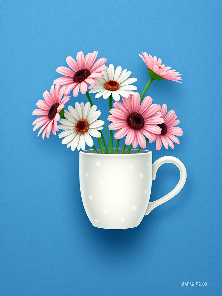 Create a high-resolution digital illustration of a whimsical flower arrangement in a star-patterned white mug on a textured blue background, featuring pink and white daisies with dark centers, using a digital camera effect, aperture f/2.8, ISO 100, with a soft focus style for a gentle aesthetic.