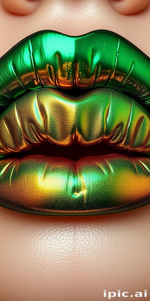 Duochrome lips shifting from emerald to gold, smooth and seamless color transition, mesmerizing and unique effect, captivating Mermaid Scale Morph aesthetic