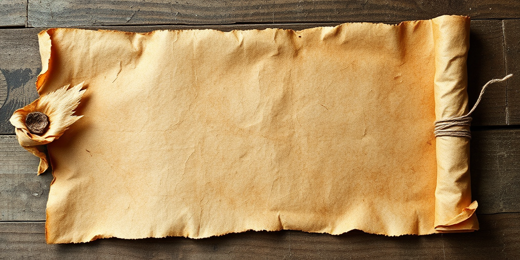 Create a detailed ancient scroll with weathered edges and a parchment texture, captured with a DSLR camera at f/2.8, ISO 100, 50mm lens, from a slightly elevated angle with natural lighting to enhance the texture and color.